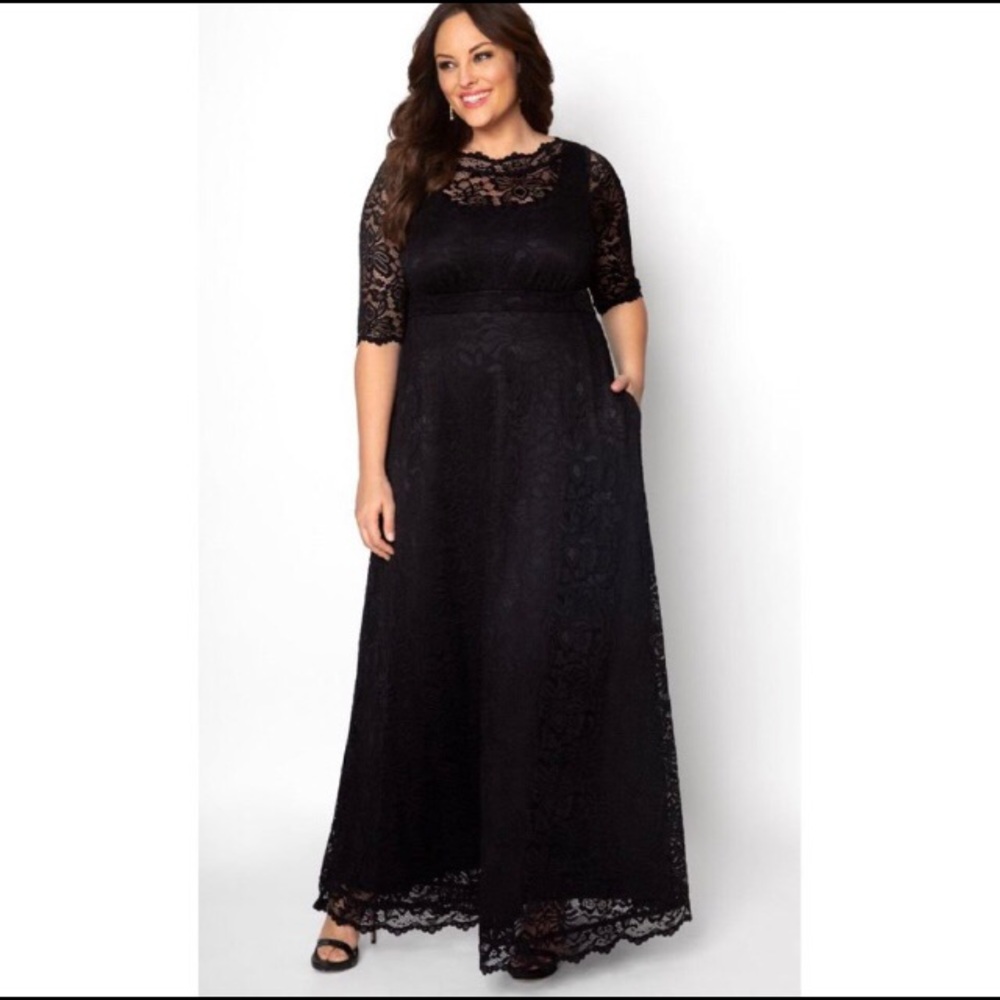 Kiyonna Black lace fully lined full length dress.